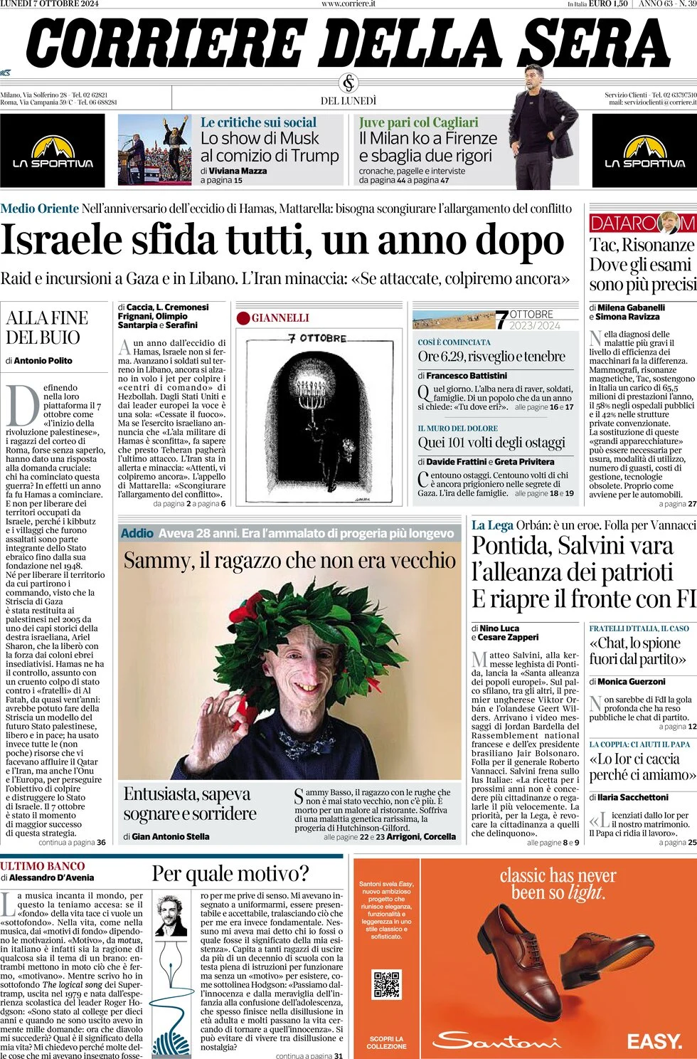 anteprima della prima pagina di corriere-della-sera del 07/10/2024