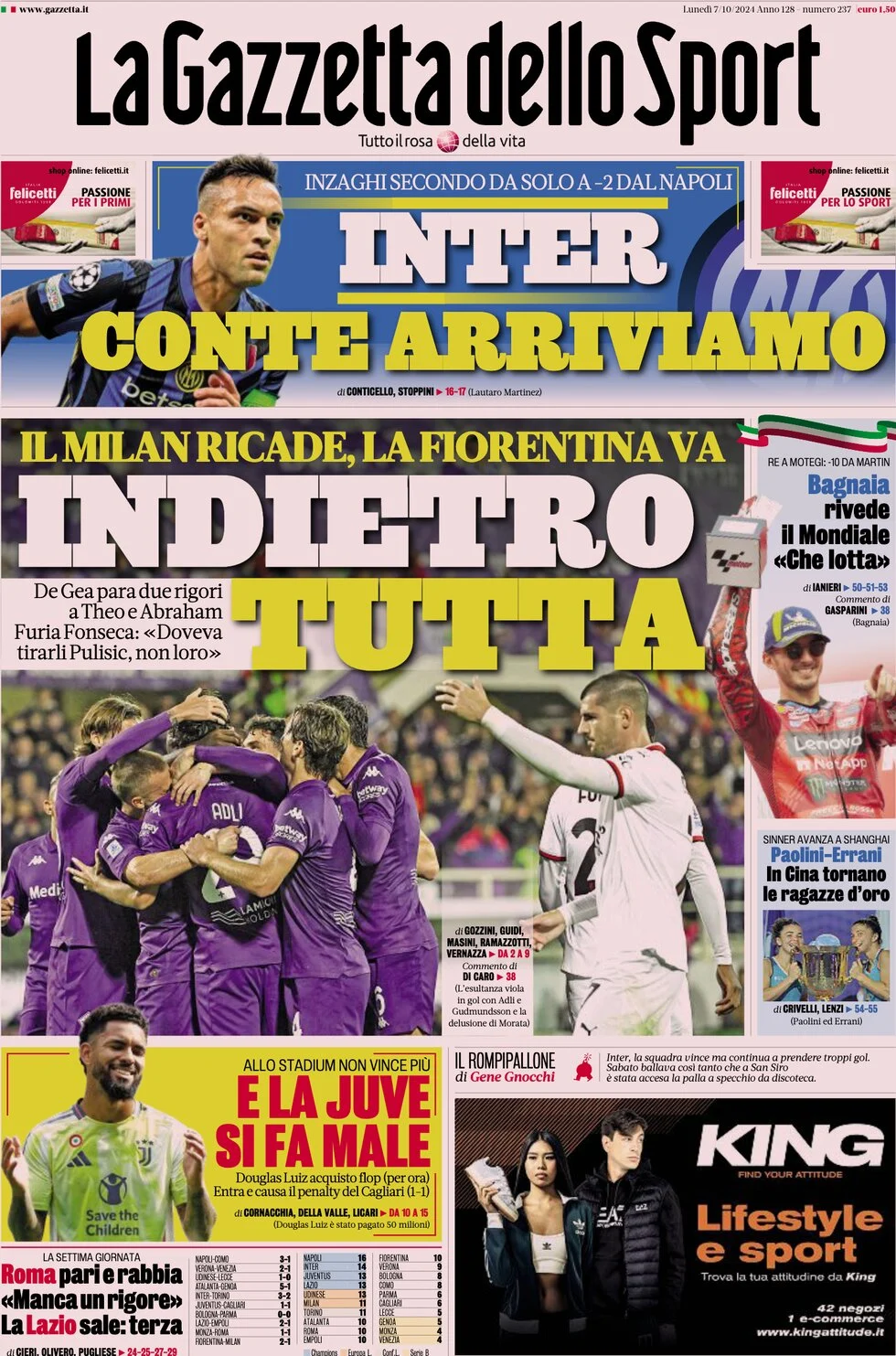 anteprima della prima pagina di la-gazzetta-dello-sport del 07/10/2024