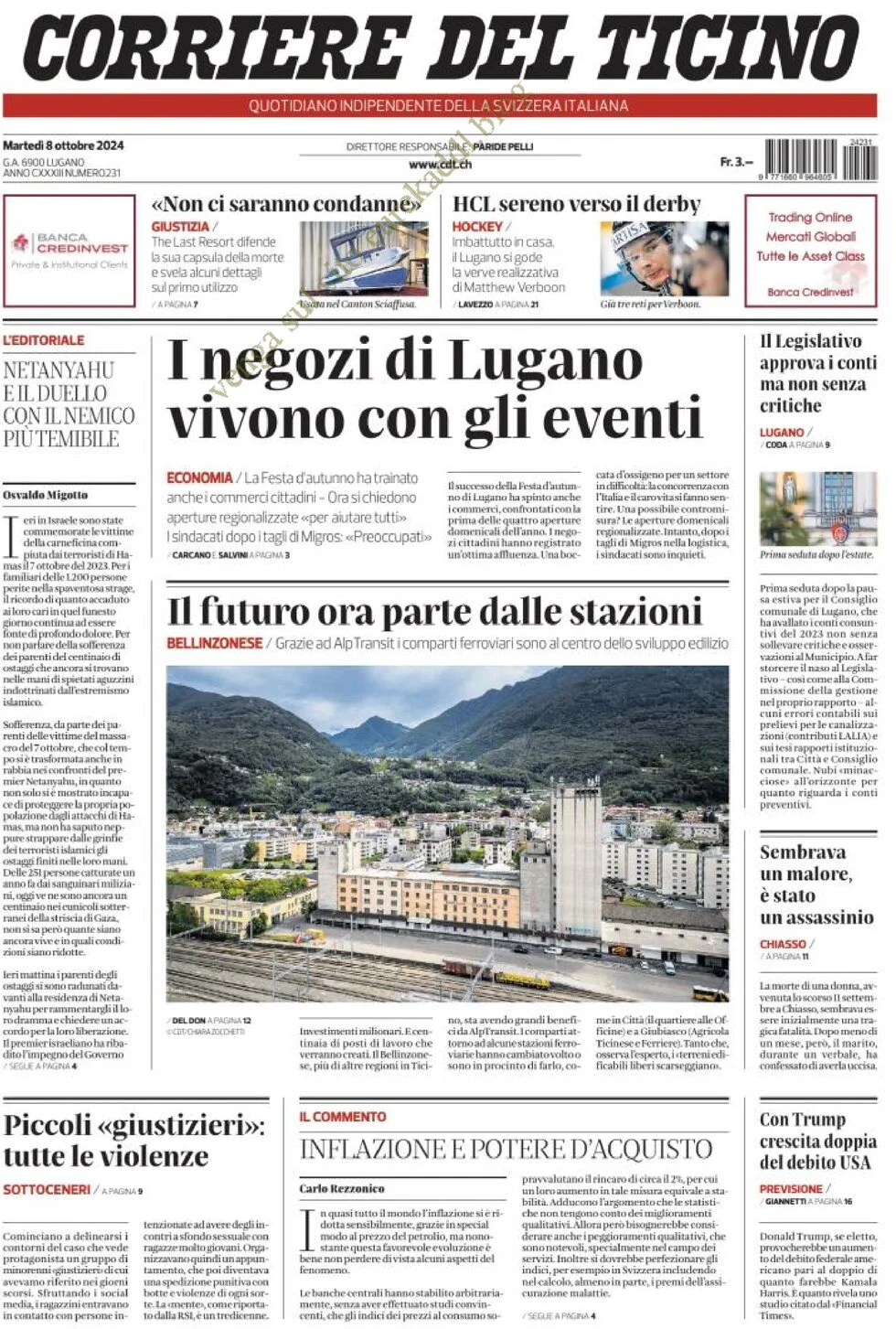 anteprima della prima pagina di corriere-del-ticino del 08/10/2024