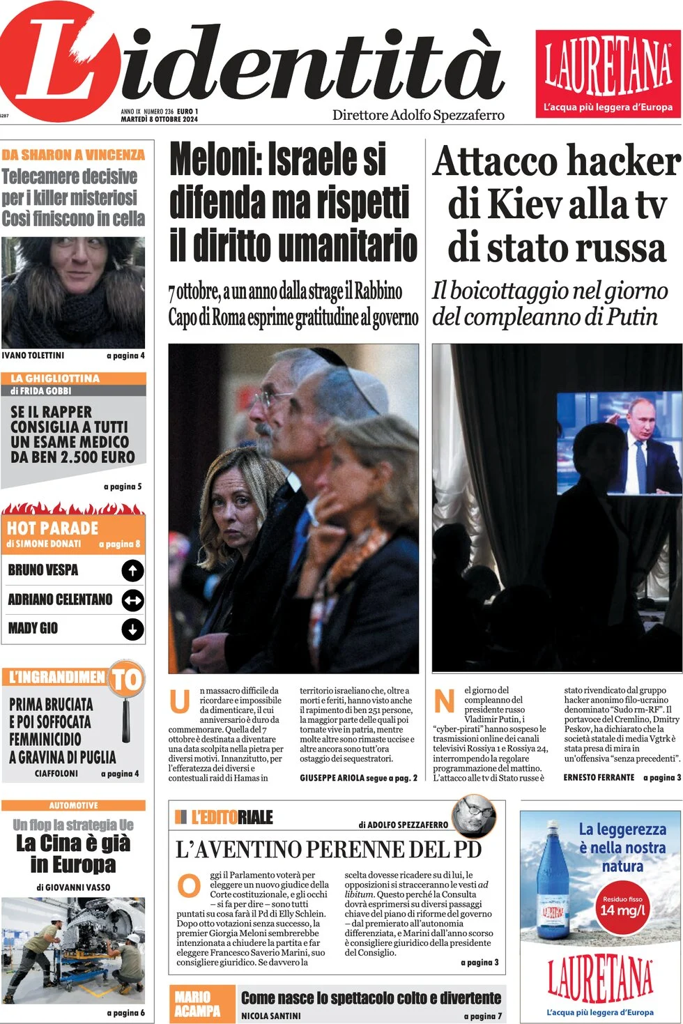 anteprima della prima pagina di lidentit del 08/10/2024