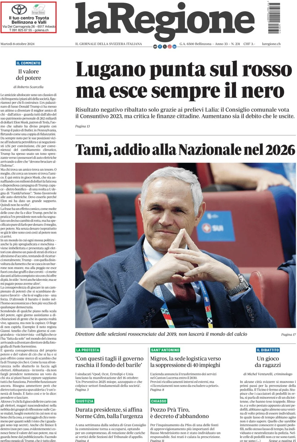 anteprima della prima pagina di la-regione del 08/10/2024