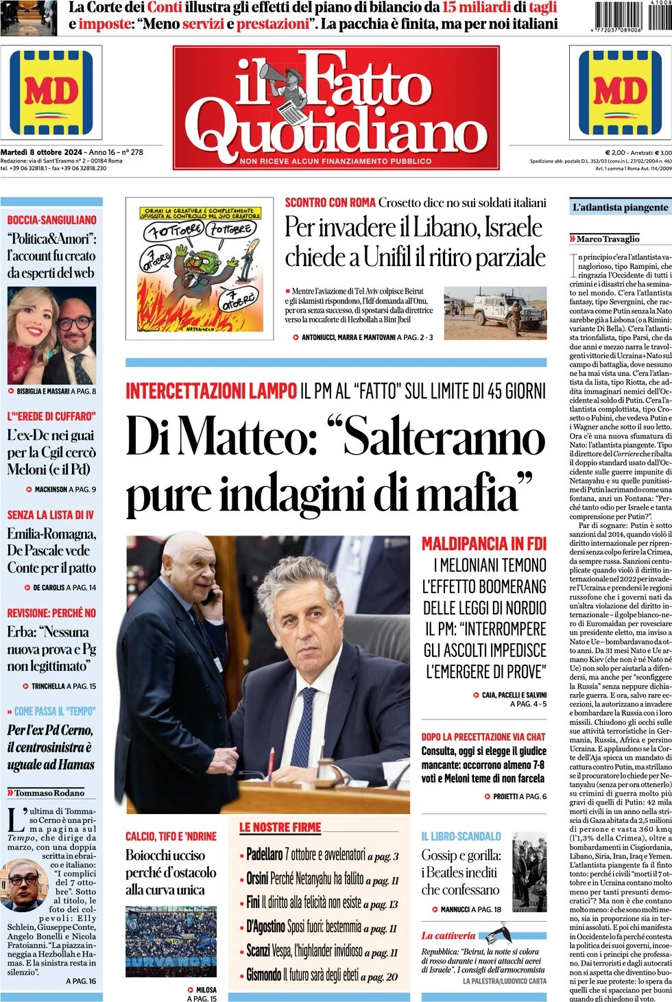 anteprima della prima pagina di il-fatto-quotidiano del 08/10/2024