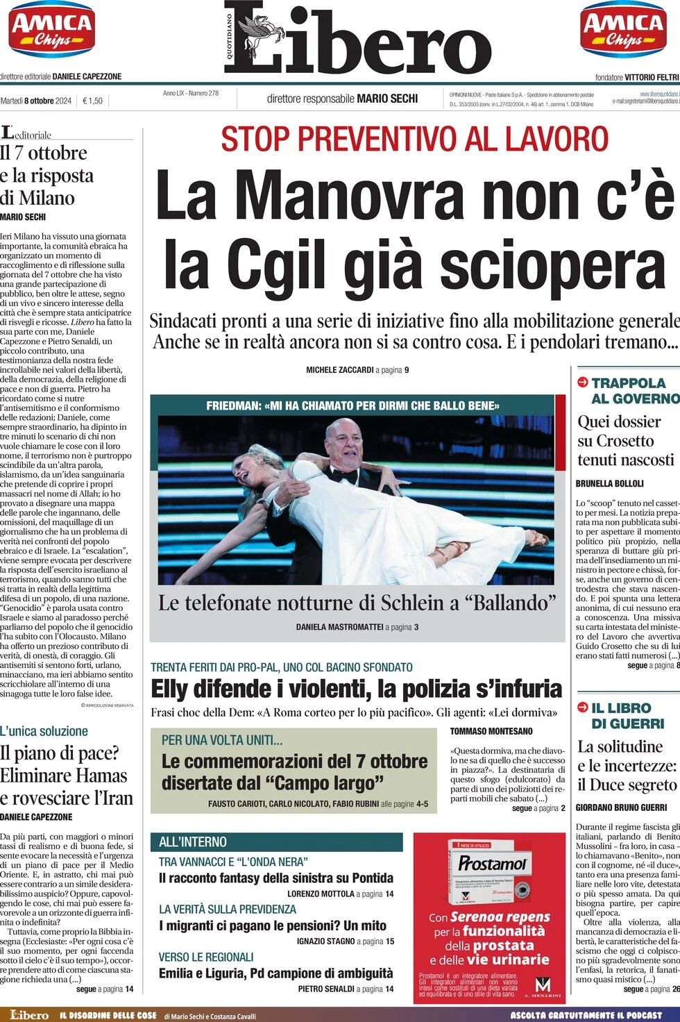 anteprima della prima pagina di libero-quotidiano del 08/10/2024