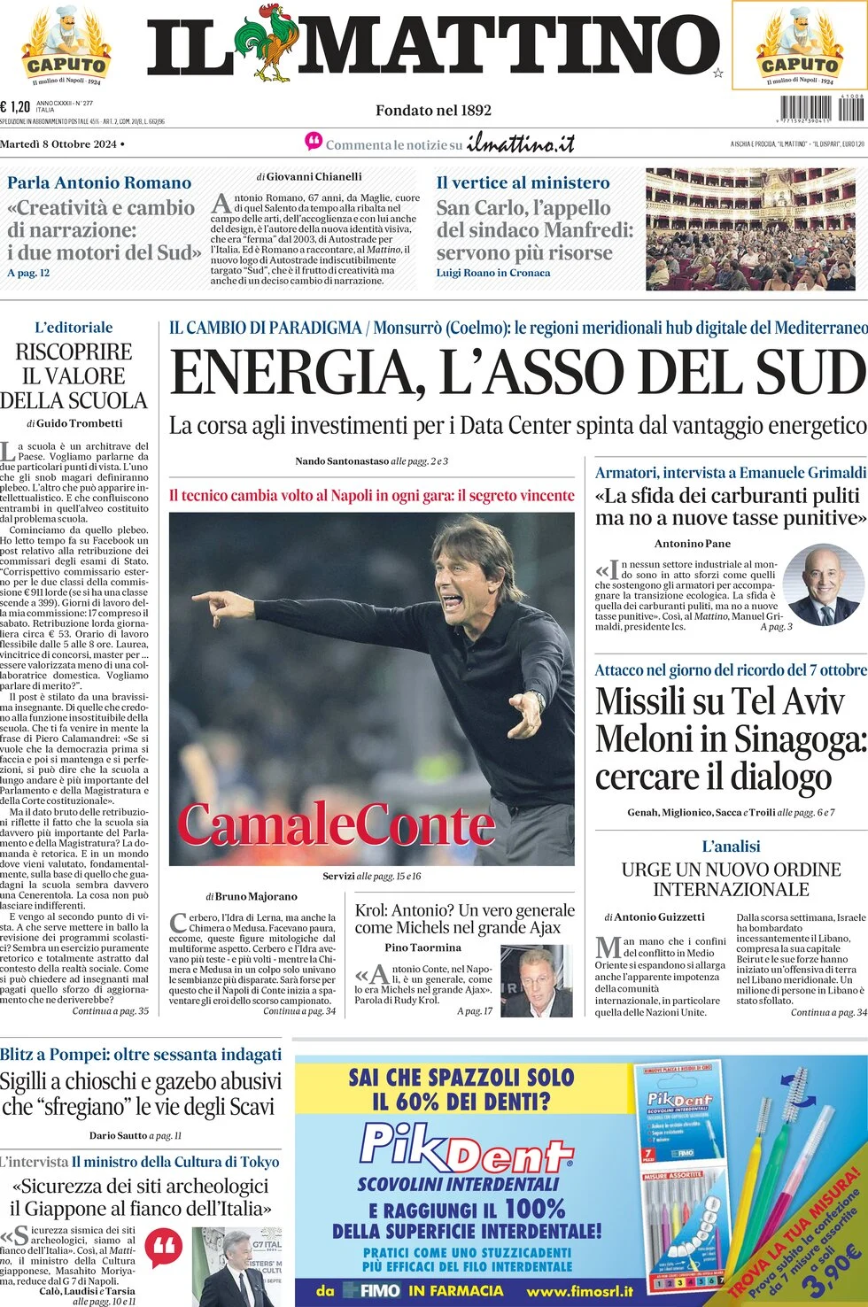 anteprima della prima pagina di il-mattino del 08/10/2024