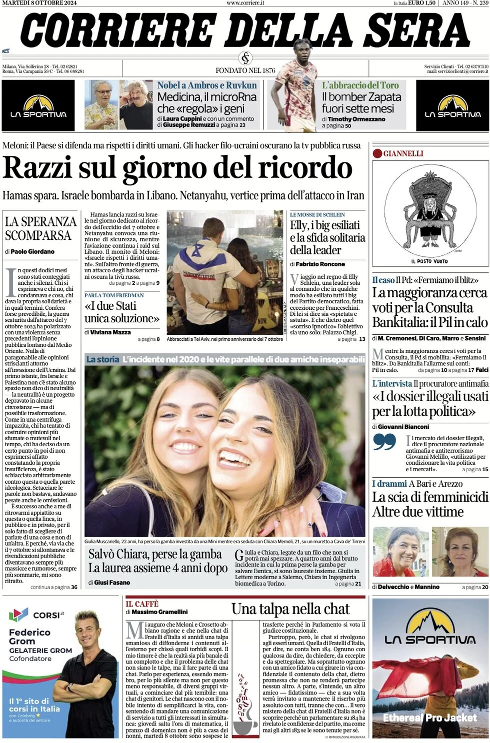 anteprima della prima pagina di corriere-della-sera del 08/10/2024