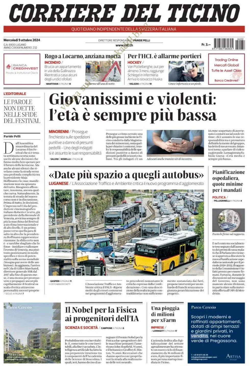 anteprima della prima pagina di corriere-del-ticino del 09/10/2024