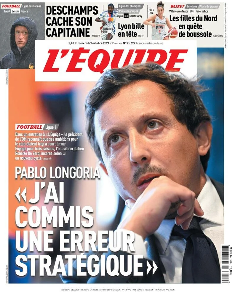 anteprima della prima pagina di lequipe del 09/10/2024