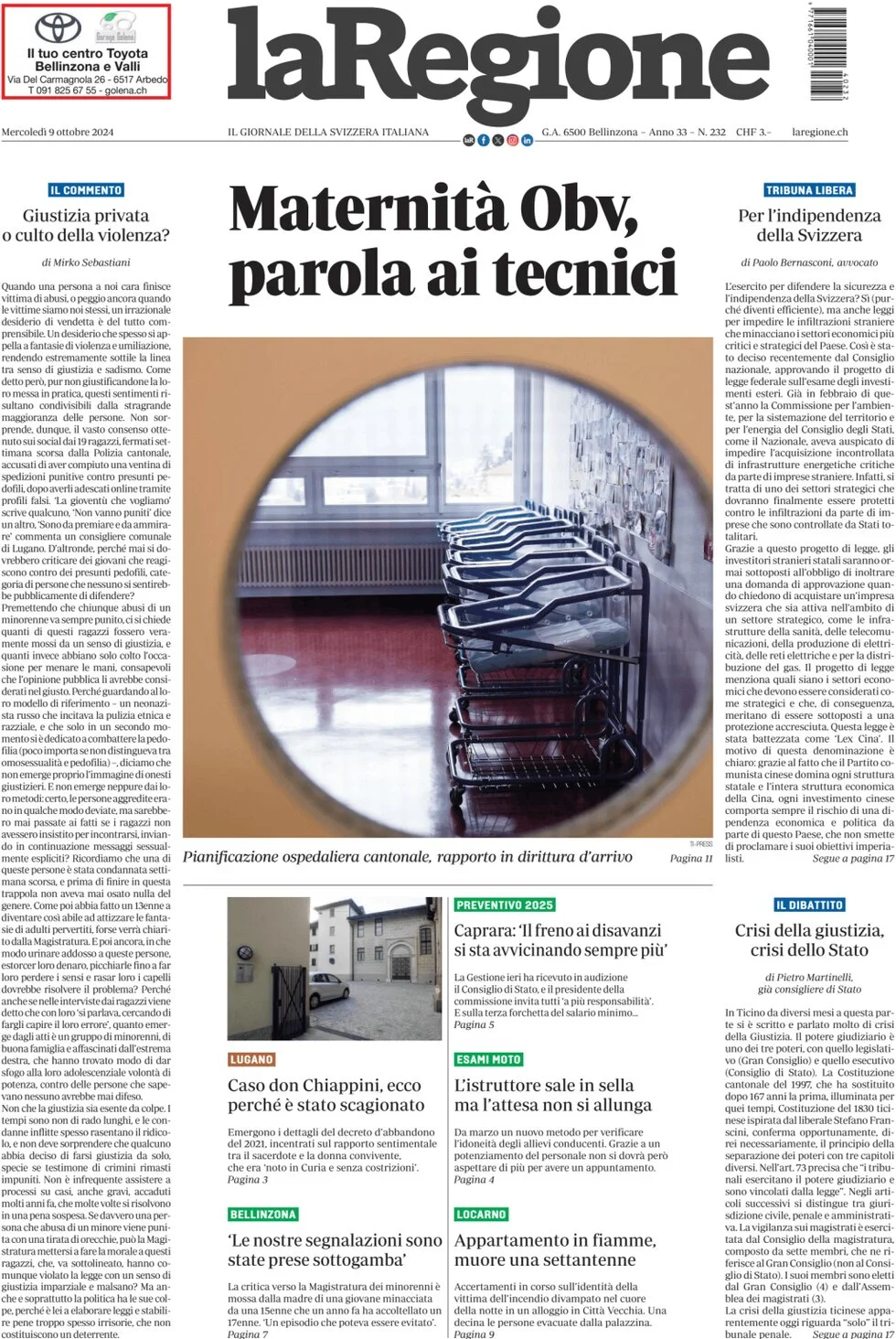 anteprima della prima pagina di la-regione del 09/10/2024