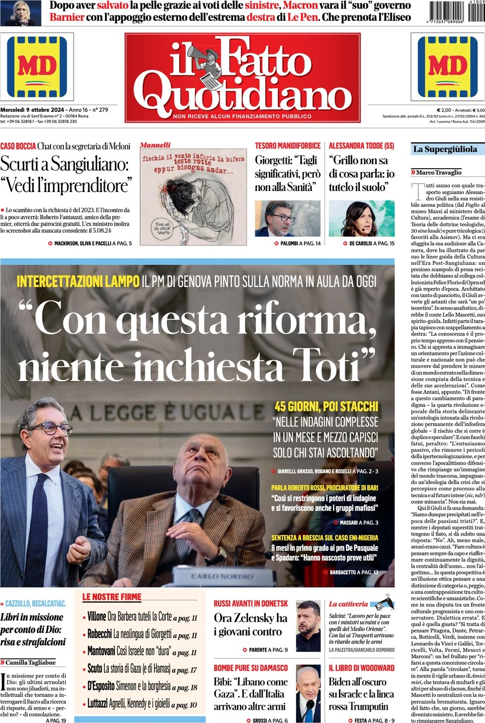 anteprima della prima pagina di il-fatto-quotidiano del 09/10/2024