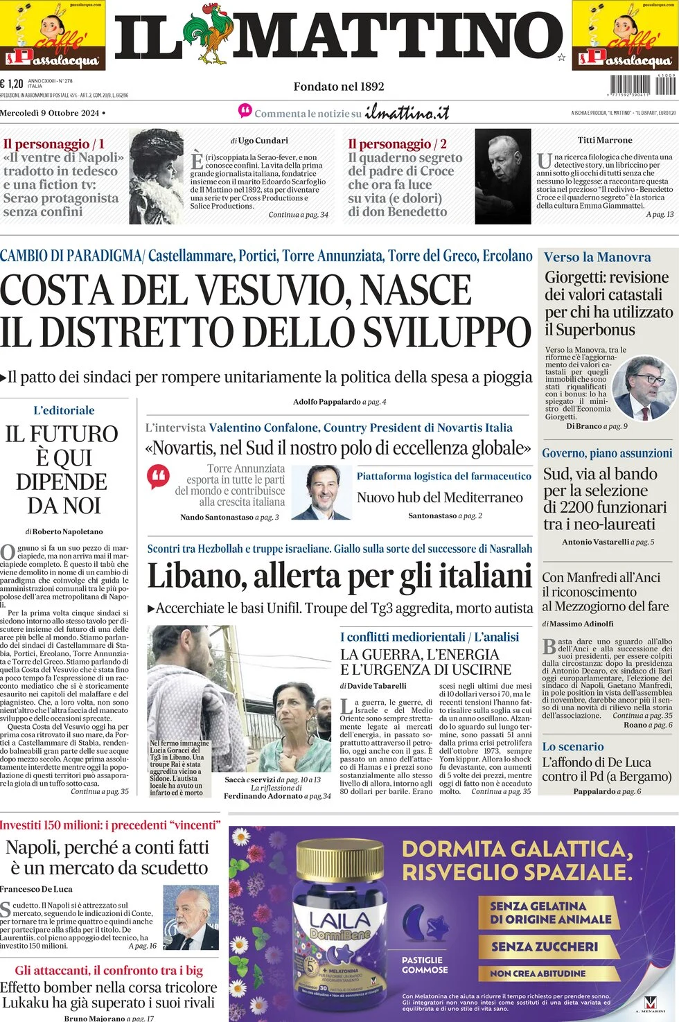 anteprima della prima pagina di il-mattino del 09/10/2024