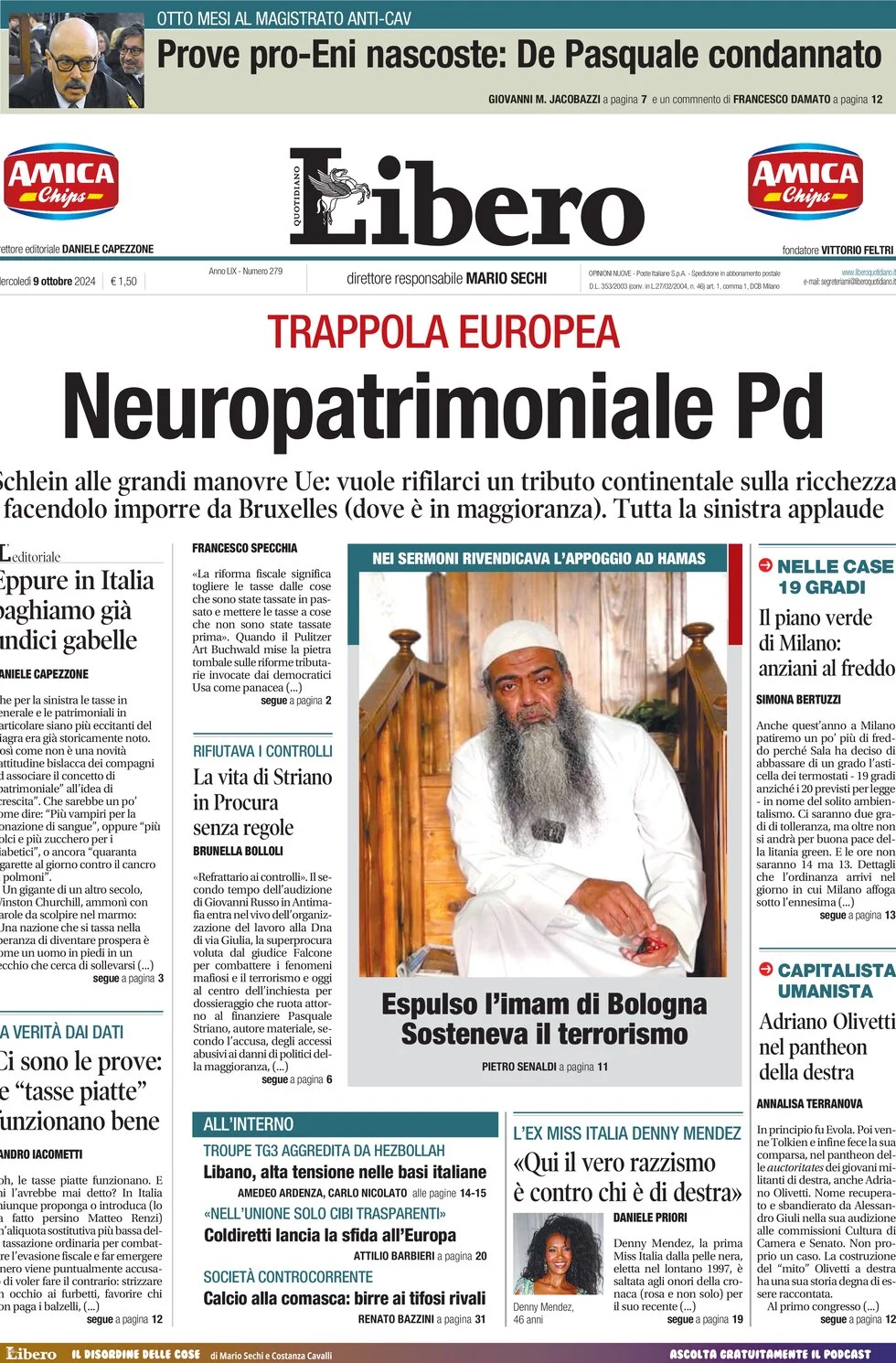 anteprima della prima pagina di libero-quotidiano del 09/10/2024