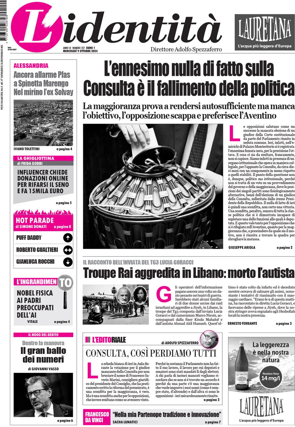 anteprima della prima pagina di lidentit del 09/10/2024