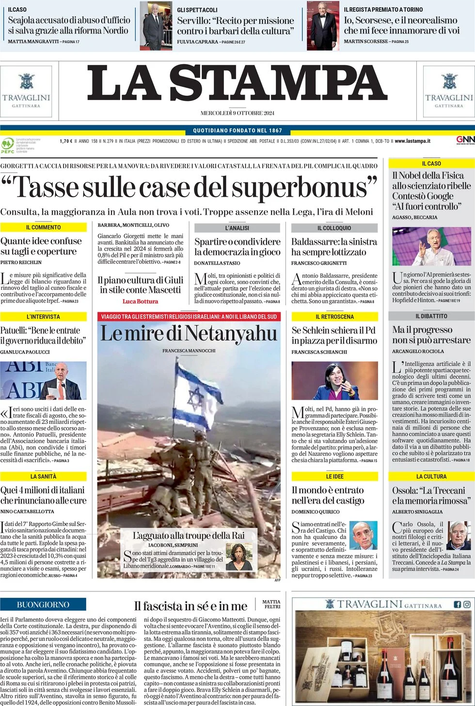 anteprima della prima pagina di la-stampa del 09/10/2024