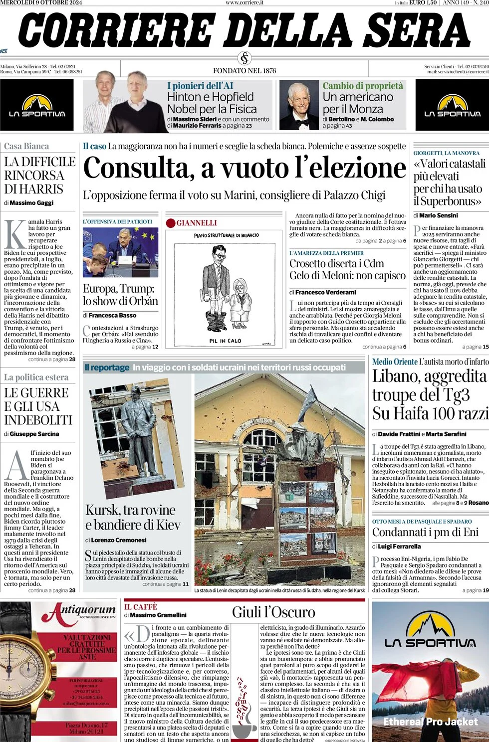 anteprima della prima pagina di corriere-della-sera del 09/10/2024