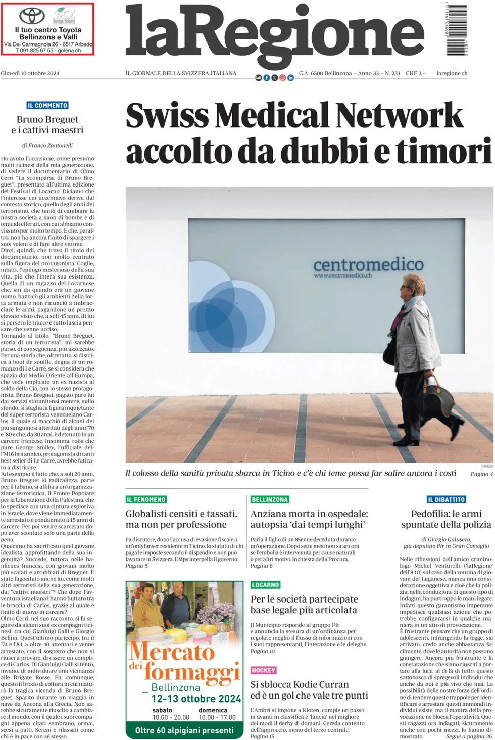 anteprima della prima pagina di la-regione del 10/10/2024