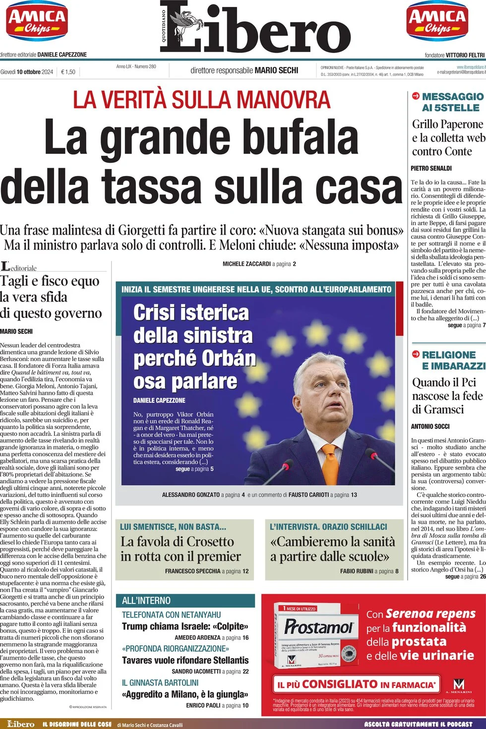 anteprima della prima pagina di libero-quotidiano del 10/10/2024