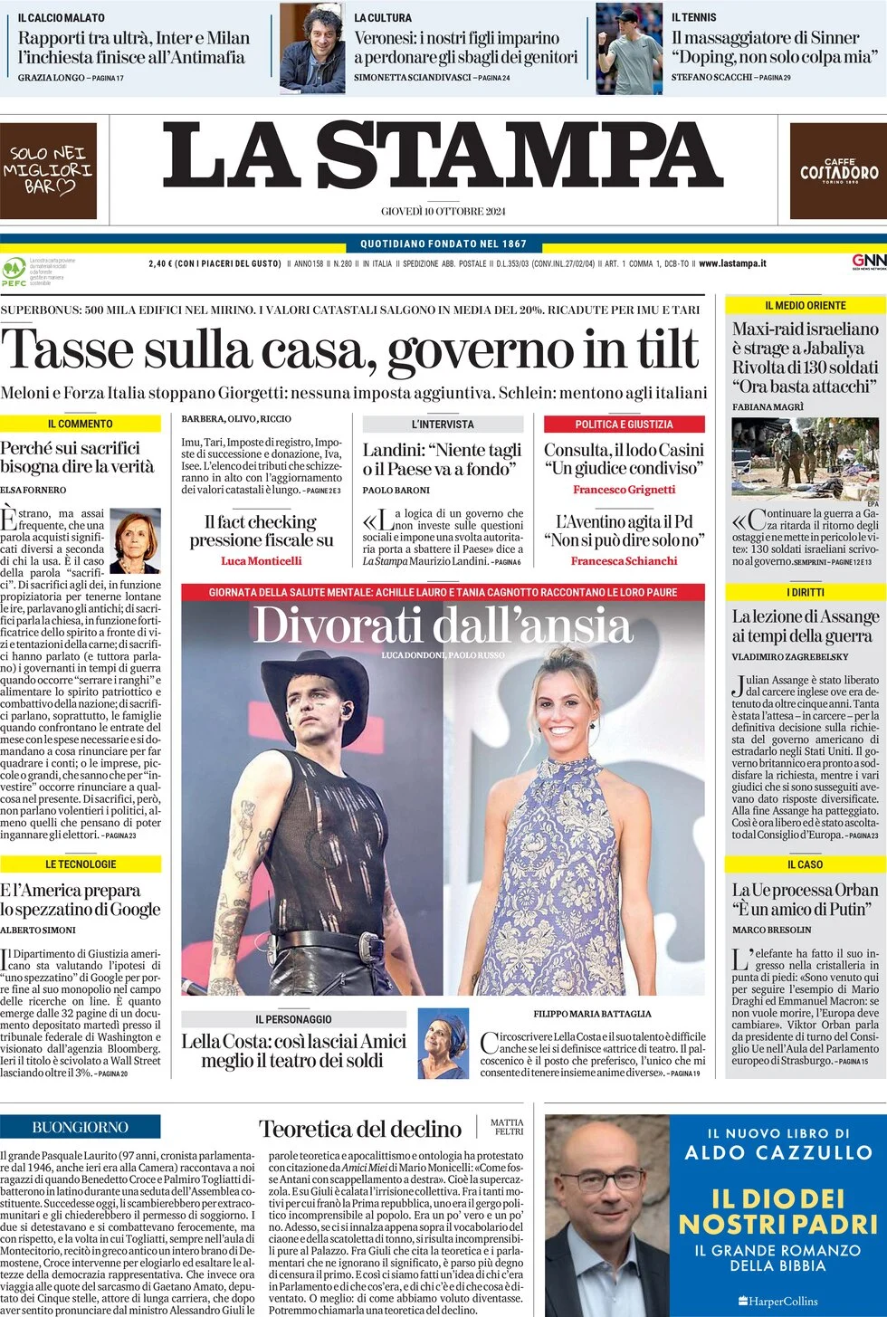 anteprima della prima pagina di la-stampa del 10/10/2024