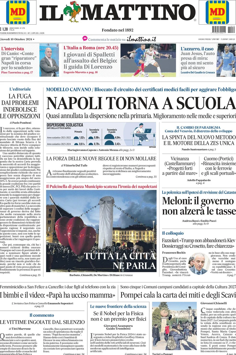 anteprima della prima pagina di il-mattino del 10/10/2024