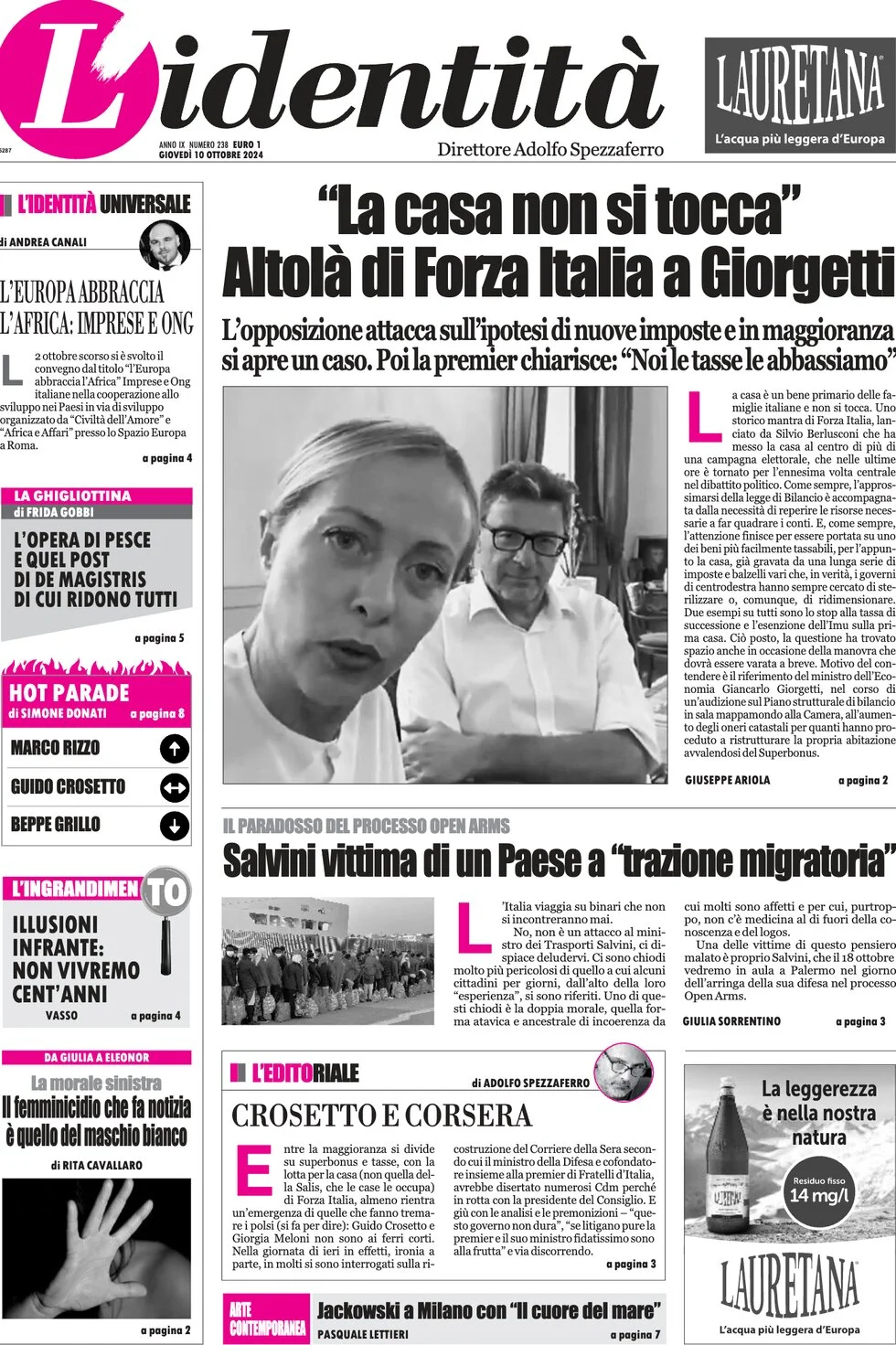 anteprima della prima pagina di lidentit del 10/10/2024