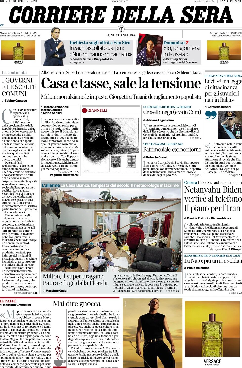 anteprima della prima pagina di corriere-della-sera del 10/10/2024