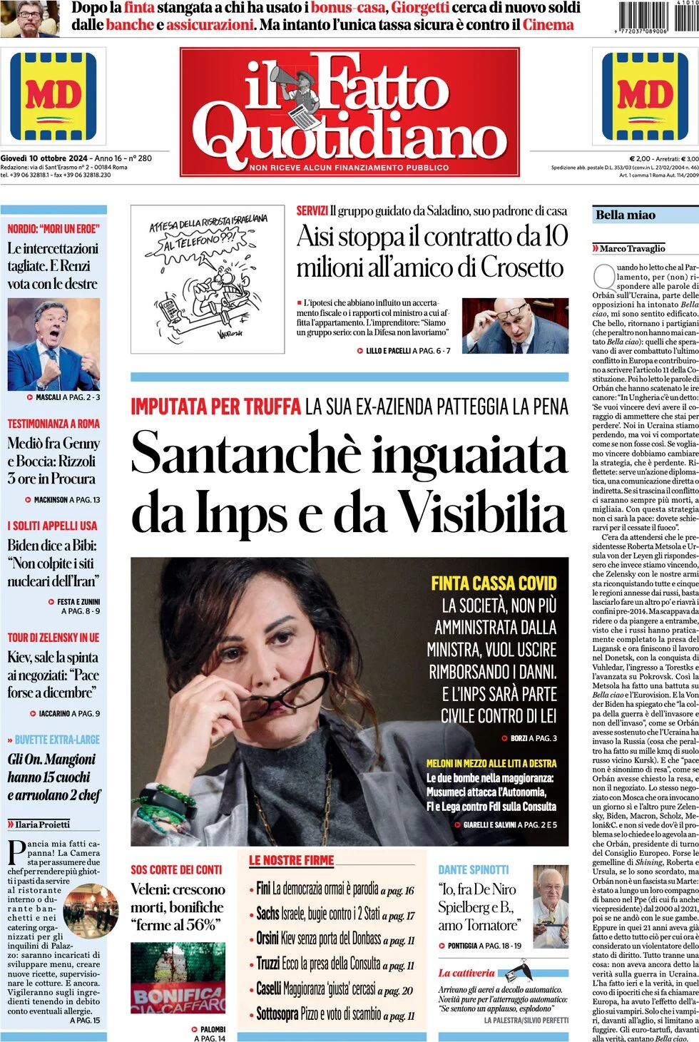 anteprima della prima pagina di il-fatto-quotidiano del 10/10/2024