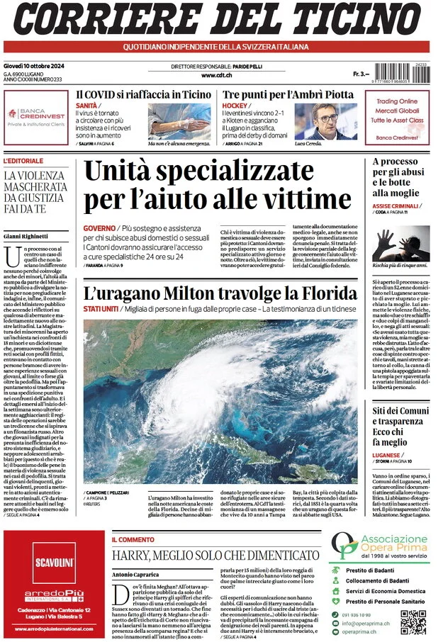 anteprima della prima pagina di corriere-del-ticino del 10/10/2024