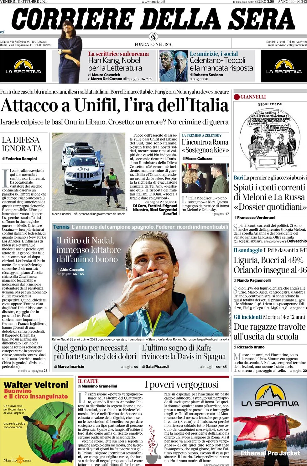 anteprima della prima pagina di corriere-della-sera del 11/10/2024