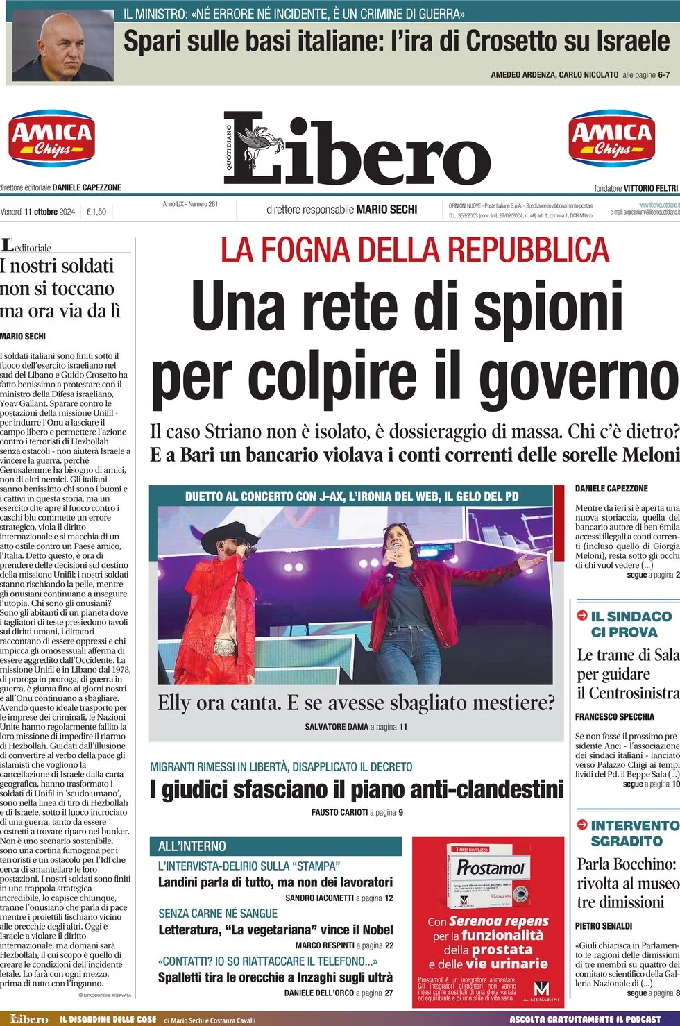 anteprima della prima pagina di libero-quotidiano del 11/10/2024