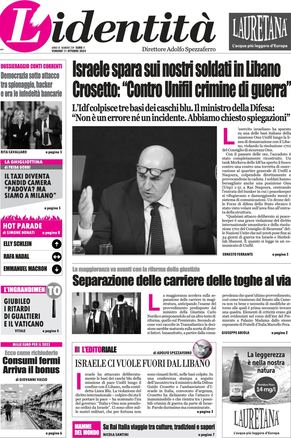 anteprima della prima pagina di lidentit del 11/10/2024