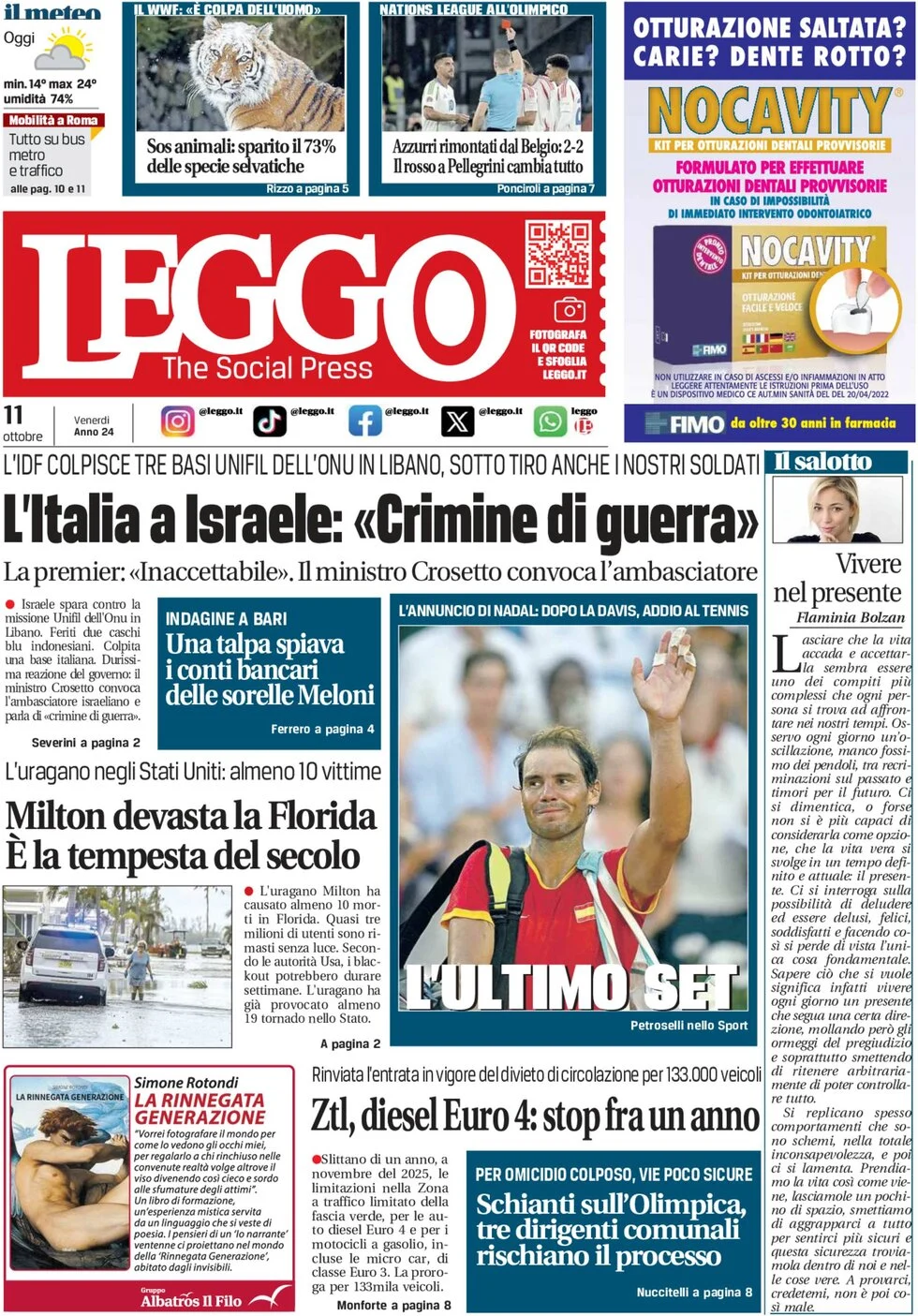 anteprima della prima pagina di leggo-roma del 11/10/2024