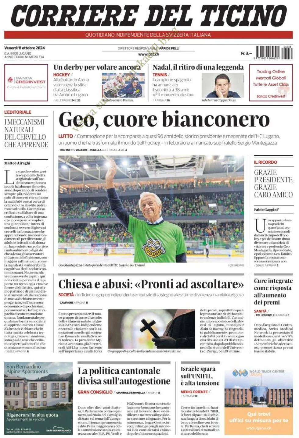 anteprima della prima pagina di corriere-del-ticino del 11/10/2024