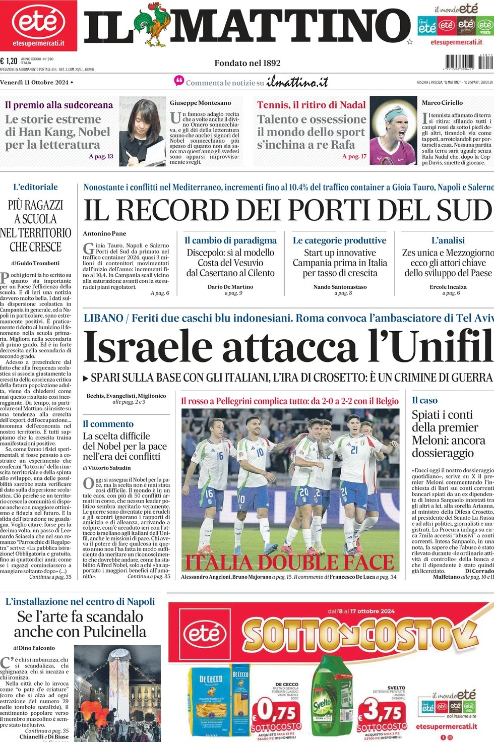 anteprima della prima pagina di il-mattino del 11/10/2024