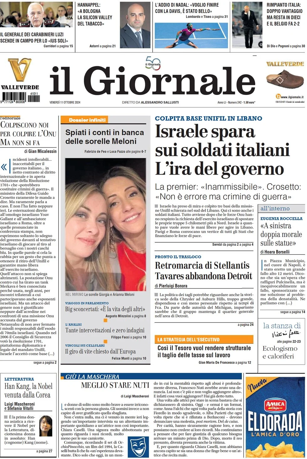 anteprima della prima pagina di il-giornale del 11/10/2024