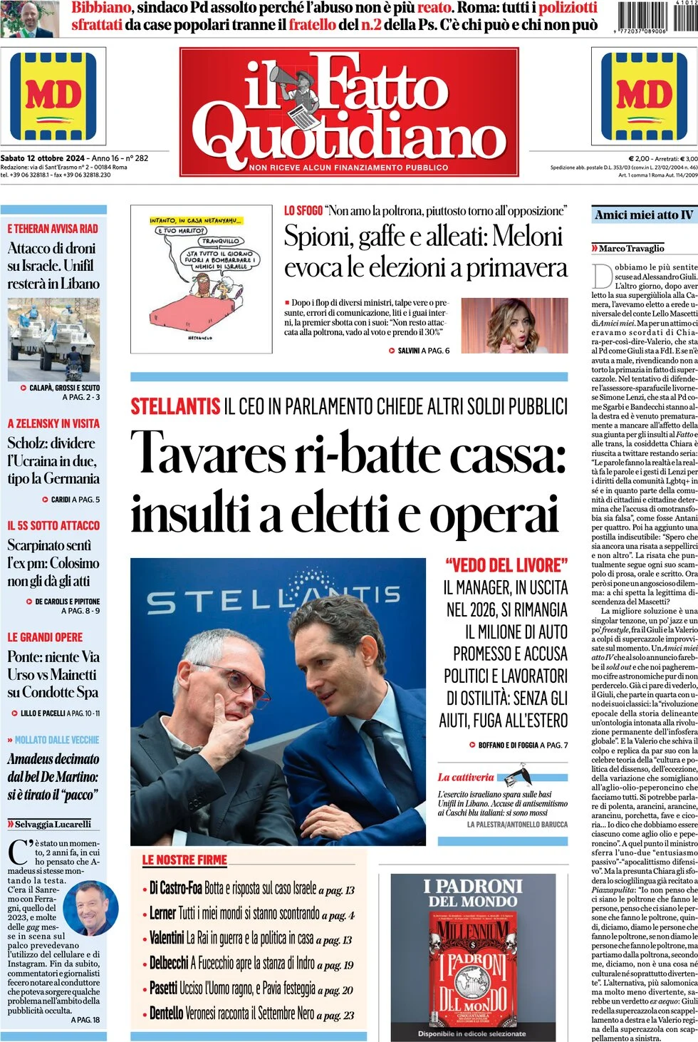 anteprima della prima pagina di il-fatto-quotidiano del 12/10/2024