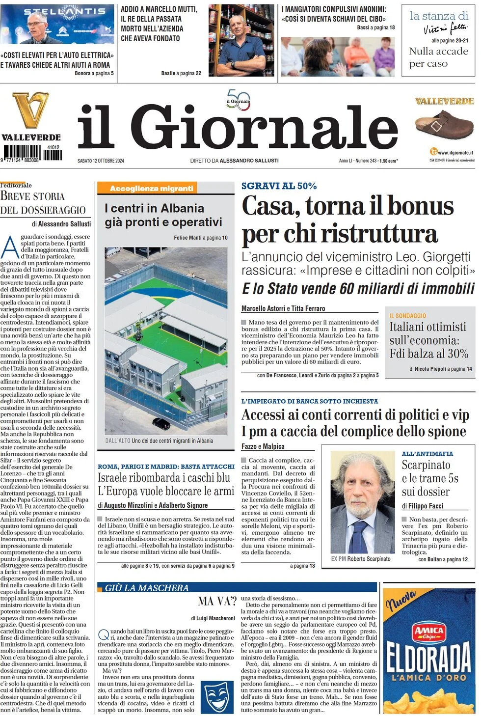 anteprima della prima pagina di il-giornale del 12/10/2024