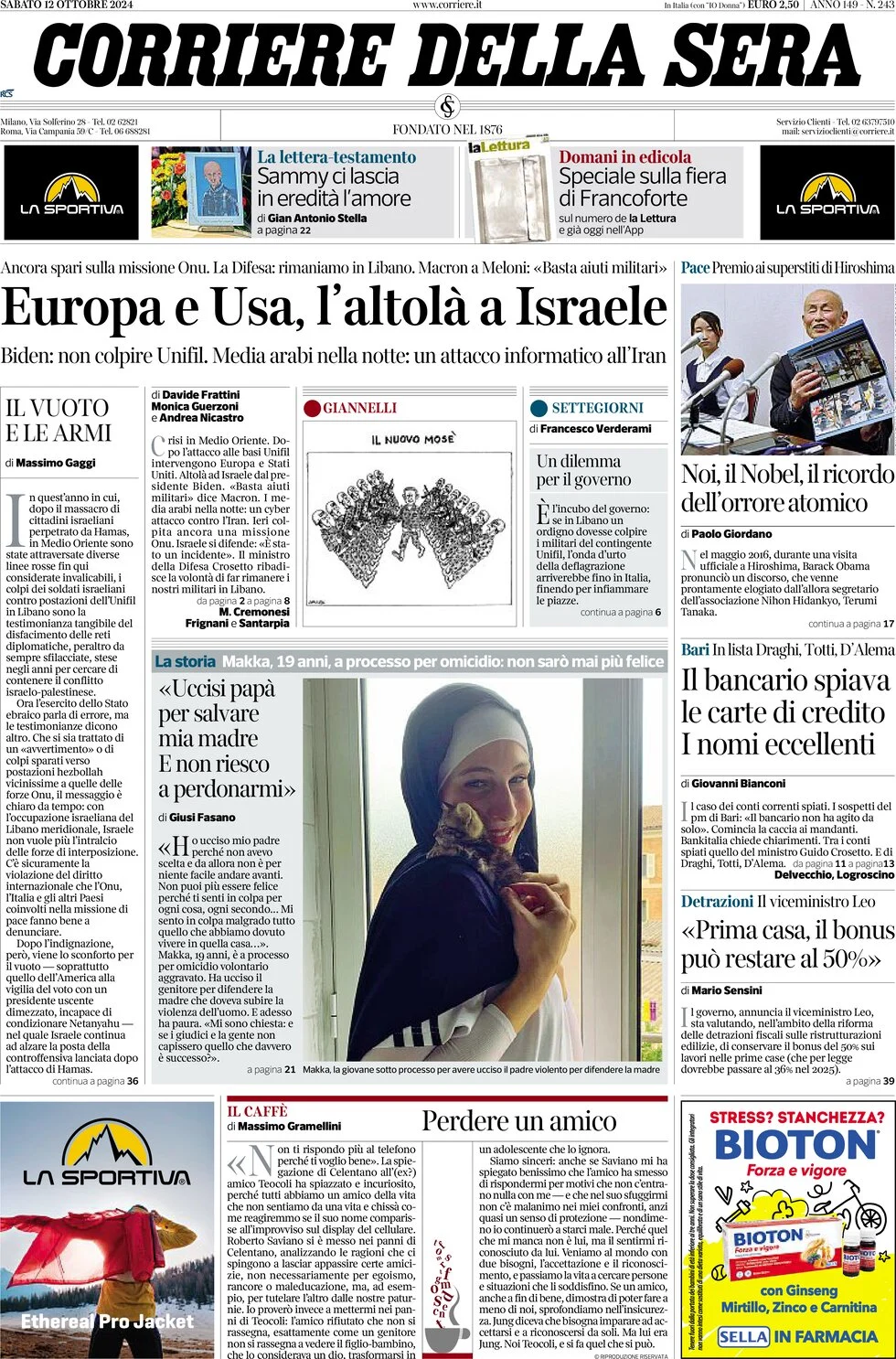 anteprima della prima pagina di corriere-della-sera del 12/10/2024