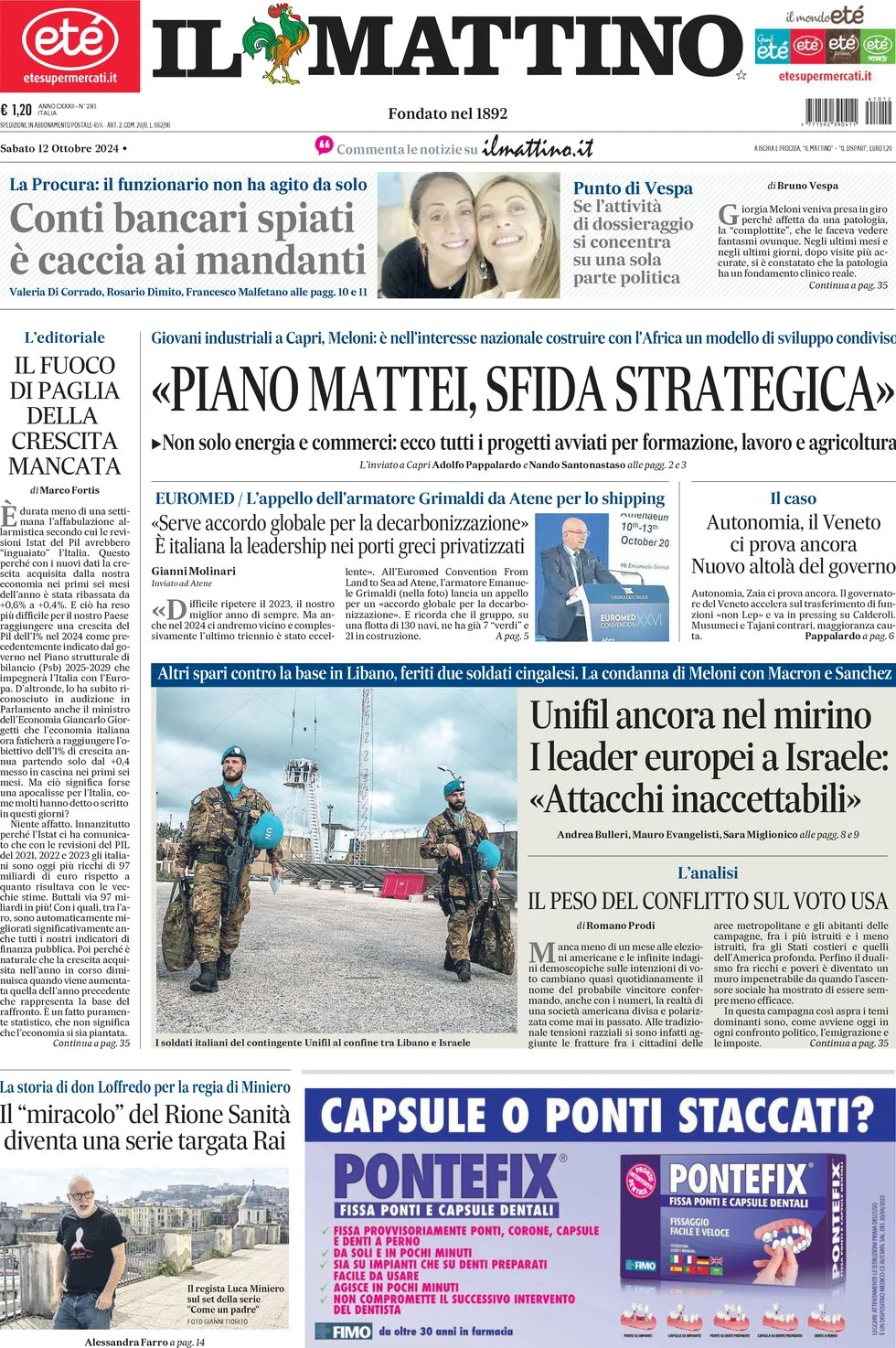 anteprima della prima pagina di il-mattino del 12/10/2024