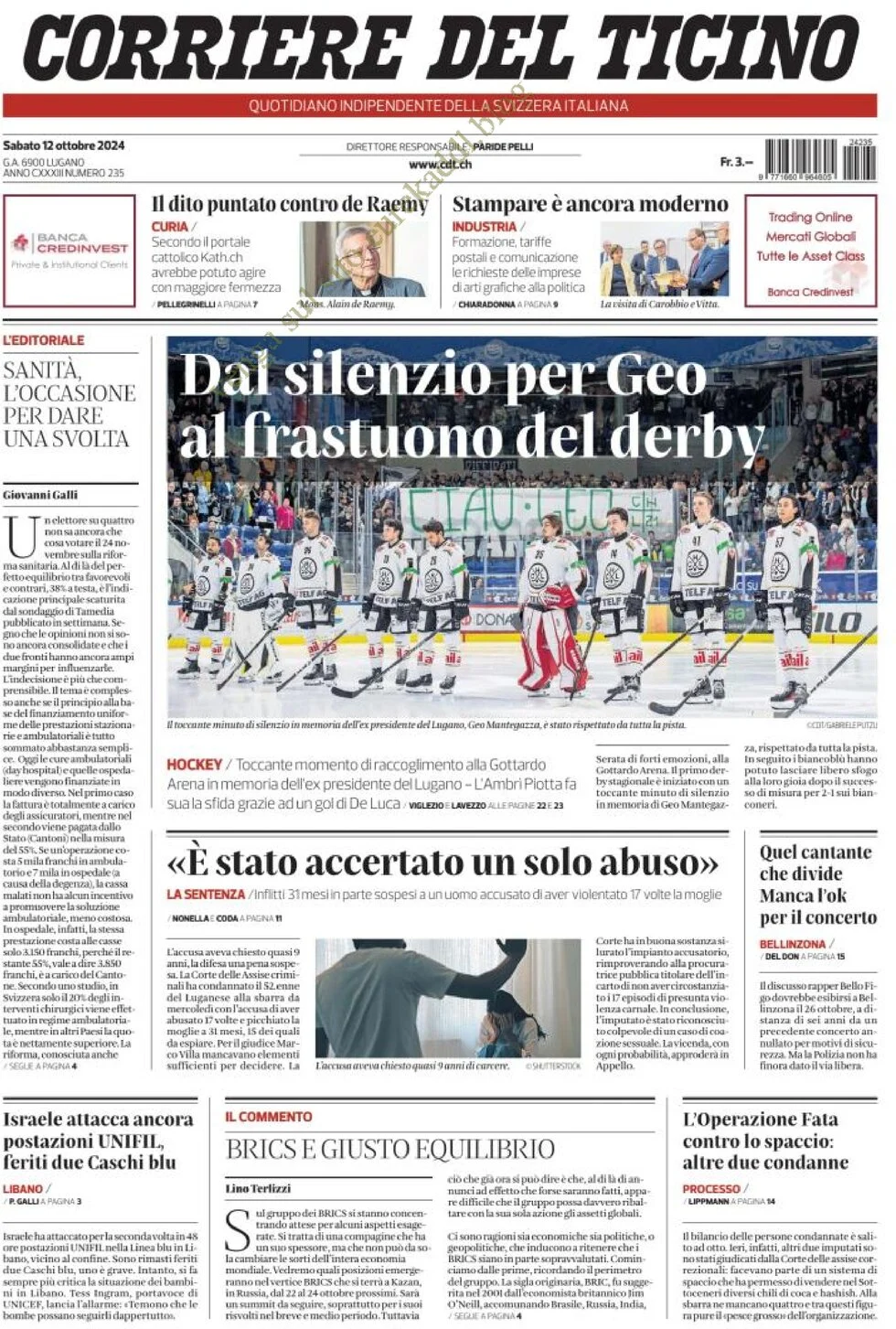 anteprima della prima pagina di corriere-del-ticino del 12/10/2024