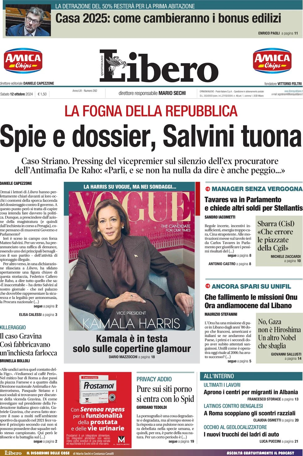 anteprima della prima pagina di libero-quotidiano del 12/10/2024