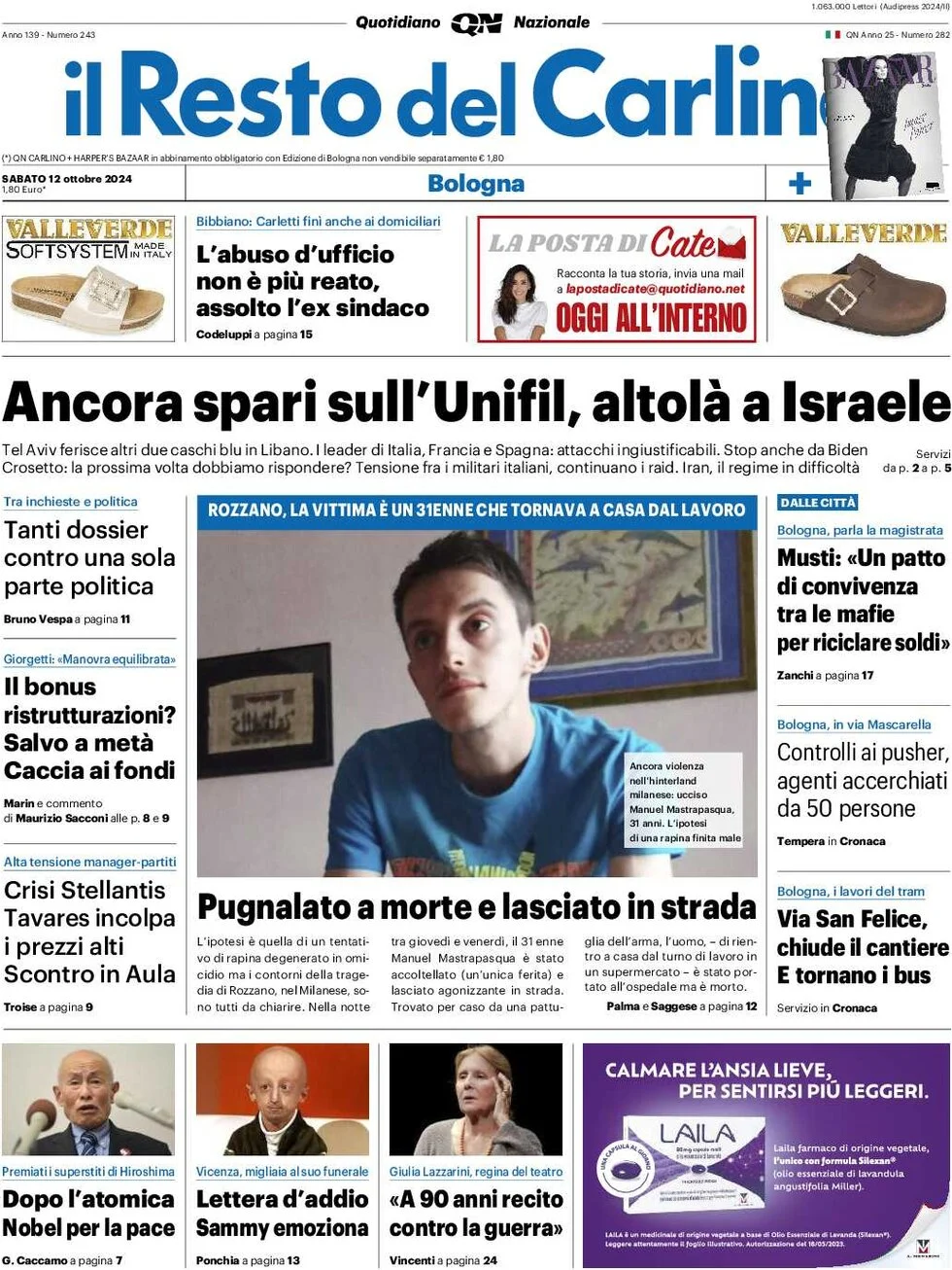 anteprima della prima pagina di il-resto-del-carlino del 12/10/2024