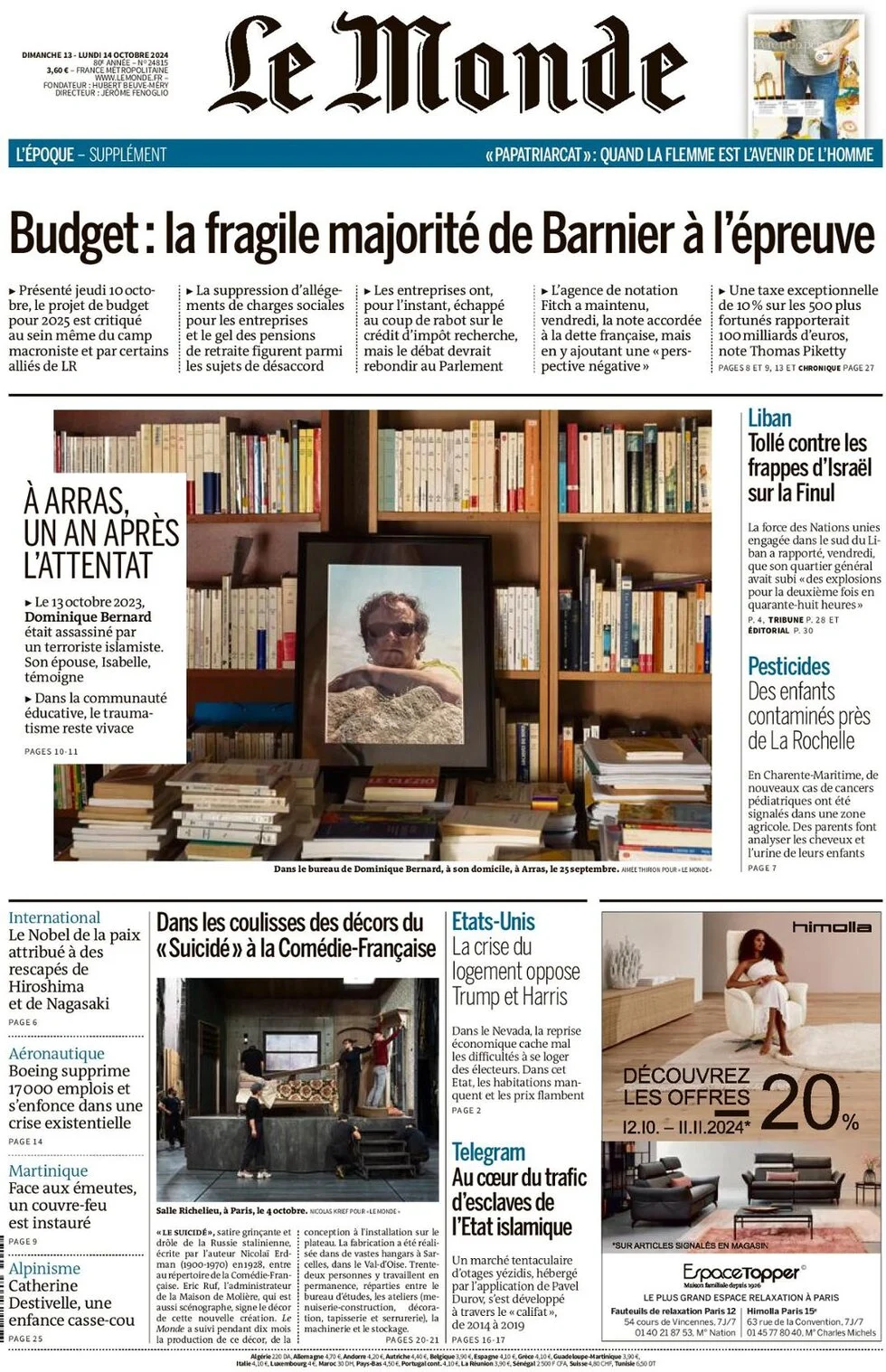 anteprima della prima pagina di le-monde del 12/10/2024