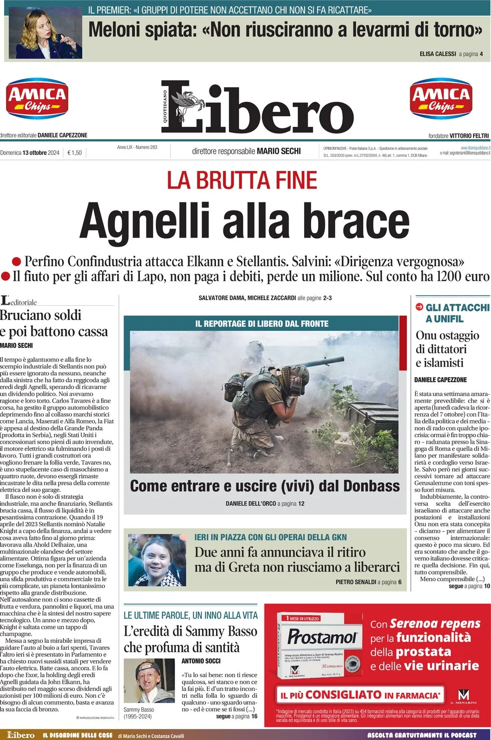 anteprima della prima pagina di libero-quotidiano del 13/10/2024