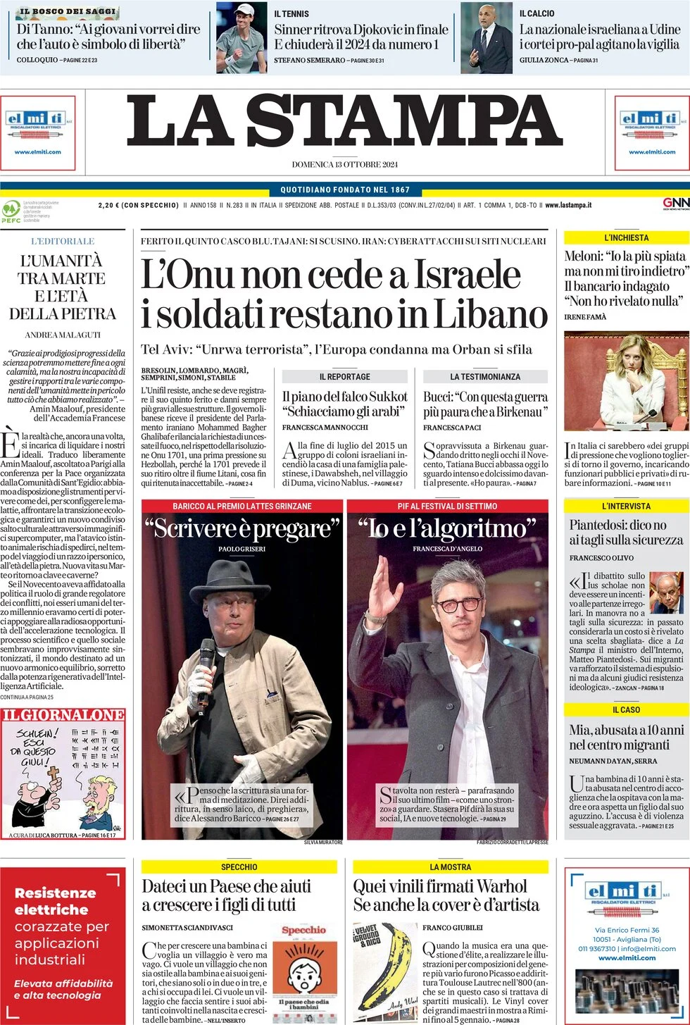 anteprima della prima pagina di la-stampa del 13/10/2024