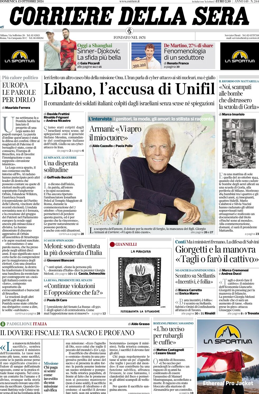 anteprima della prima pagina di corriere-della-sera del 13/10/2024