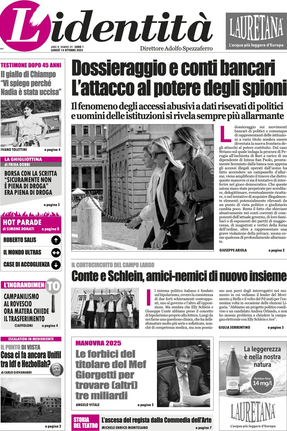 anteprima della prima pagina di lidentit del 13/10/2024