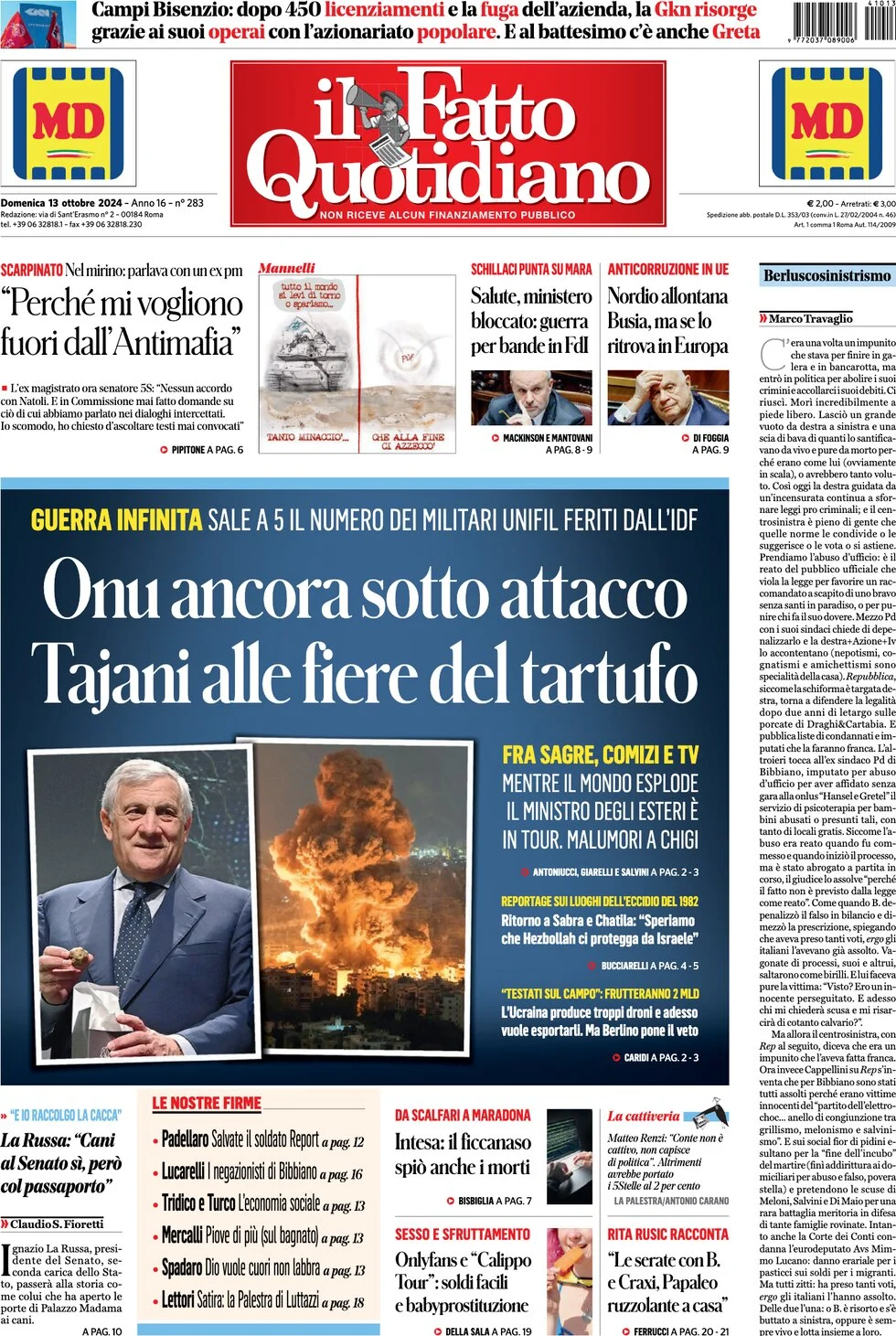 anteprima della prima pagina di il-fatto-quotidiano del 13/10/2024