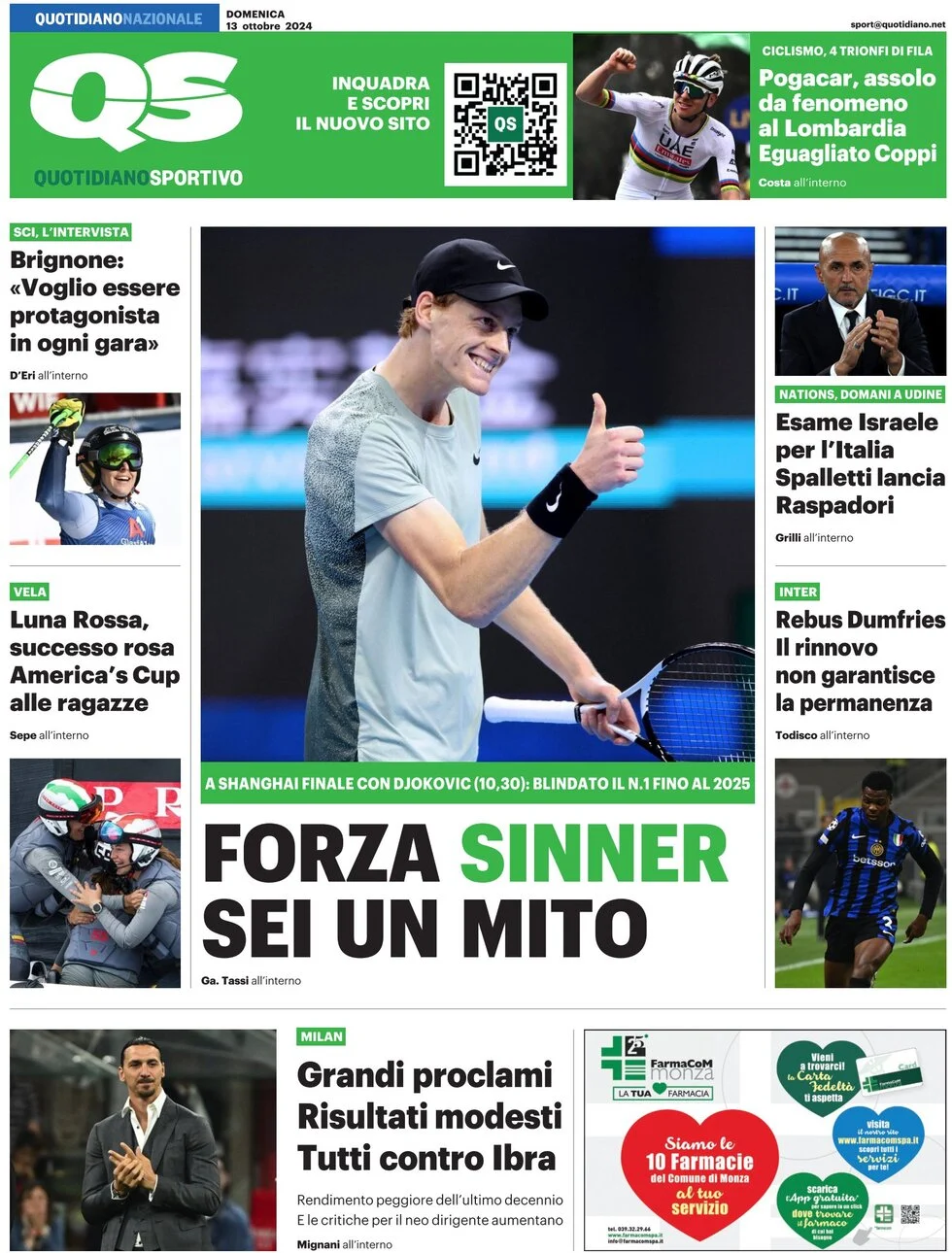 anteprima della prima pagina di qs-quotidiano-sportivo del 13/10/2024