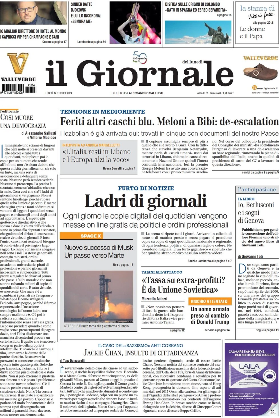 anteprima della prima pagina di il-giornale del 14/10/2024