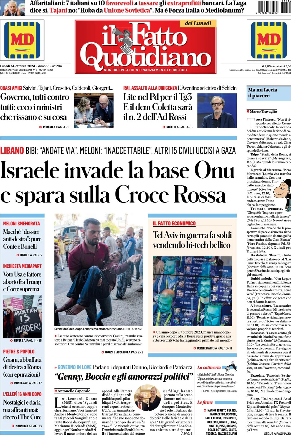 anteprima della prima pagina di il-fatto-quotidiano del 14/10/2024