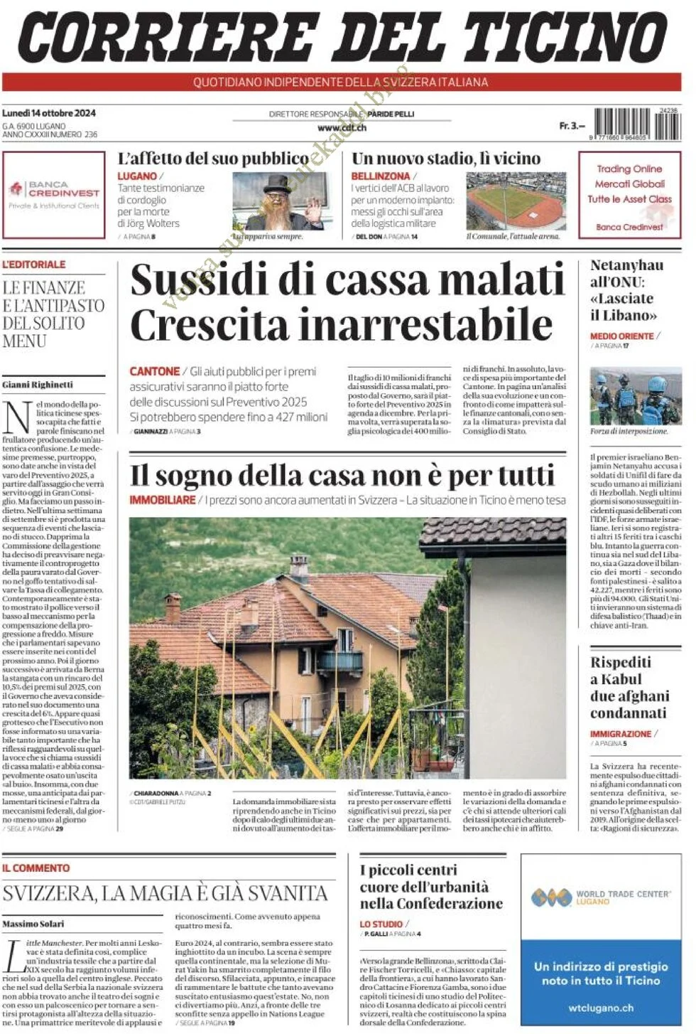 anteprima della prima pagina di corriere-del-ticino del 14/10/2024